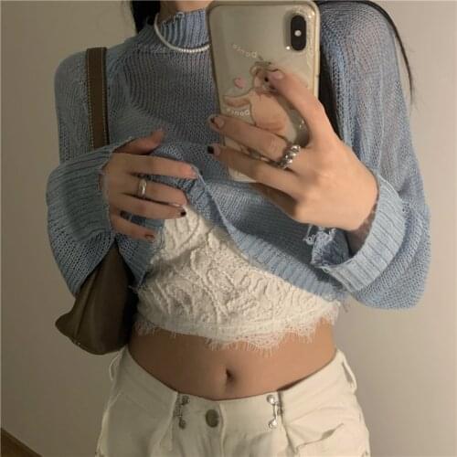 Retro Fashion Y2K Long Sleeve Hollow Out Make Old Knitting Pullover Women Summer Autumn Loose Sunscreen Crop Top Causal Sweaters