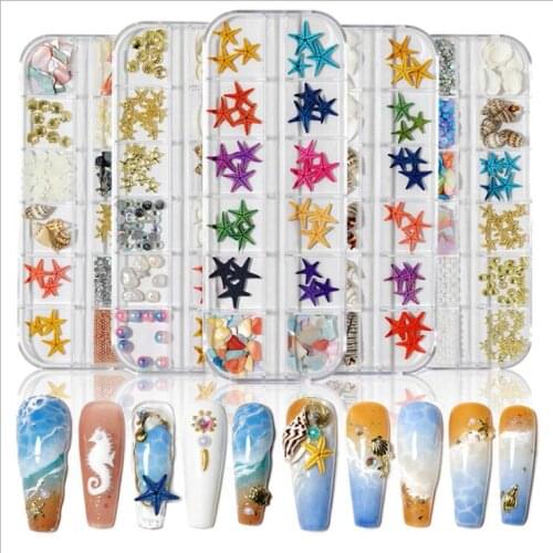 12 Grid Mix Shell Nail Sea Shell Starfish Broken Stones Nail Polish For 3D Nail Art Decorations Manicure