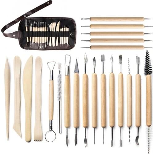 21pcs DIY Ceramic Clay Tools Kit Polymer Clay Tools Pottery Tools Set Wooden Pottery Sculpting Tools Sculpture Storage Bag