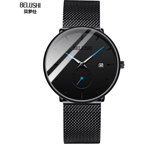 BELUSHI Men Quartz Watch Stainless Steel Mesh Band Waterproof Calendar Clocks Luminous Mens Watches Gifts relogio masculino
