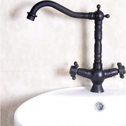 Two Cross Handles Black Oil Rubbed Brass Single Hole Swivel Spout Kitchen Sink Bathroom Vessel Basin Faucet Mixer Tap anf139