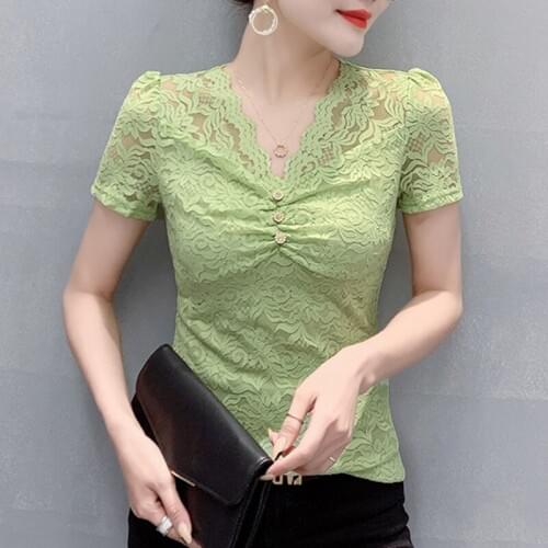Summer Korean Clothes T-Shirt Fashion Sexy V-Neck Lace Button Women Tops Short Sleeve Slim Bottoming Shirt Tees New 2021 T12827A
