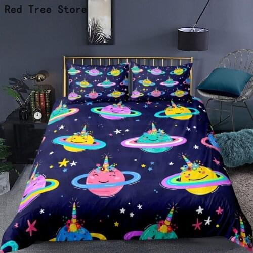 Space Galaxy Cartoon Bedding Set Bedspread Single Twin Full Queen King Size Sky Stars Planet Bed Set Childrens Kids Duvet Cover