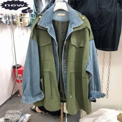 Women Cargo Coat Autumn Casual Loose Fit Drawstring Single Breasted Patchwork Denim Jacket Short Windbreakers Female Outerwear