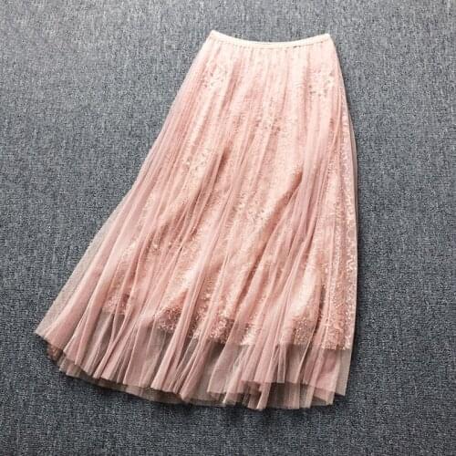 Summer 2018 New Female Womens Black Pearls Beading Mesh Pleated A-line Skirt , Sweet Ladies High Waisted Embroidery Lace Skirts
