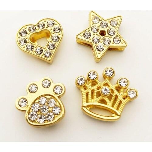 Cute Rhinestone Gold Heart Star Crown Slide Charms Beads DIY Accessories 10mm Handmade Bracelets Necklace Pendant Pet Dog Collar
