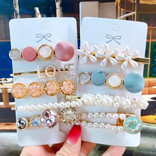 4pcs/set Fashion Simulated Pearl Crystal Barrettes Hair Accessories For Women Jewelry Smiley Flower Hairpins Clips Girl Hairgrip