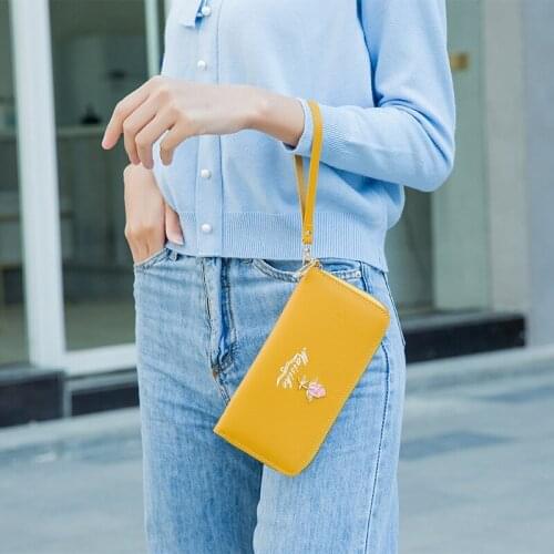 Fashion Zipper Pu Leather Women Wallets New Wristband Multi-card Coin Purses Ladies Rose Flower Decoration Card Holder Phone Bag