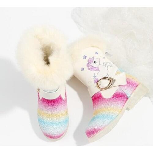 Fashion Girls Snow Boots With Sequins Waterproof Pu Leather Princess Rainbow Unicorn Plush Boots Winter Kids Cartoon Shoes