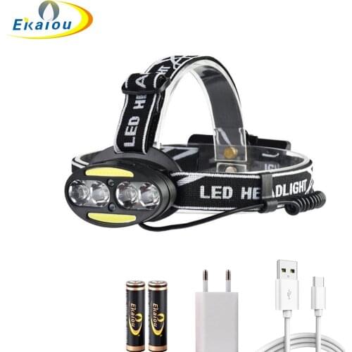 Body Motion Sensor Headlamp USB Rechargeable Headlight Head Flashlight Torch 4*T6+2*COB Waterproof Outdoor Camping Lamp