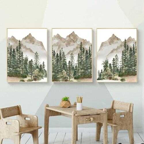 Nursery Wall Decor Mountain Tree Nature Woodland Canvas Print Baby Boy Wall Art Pictures Watercolor Art Painting Nordic Poster