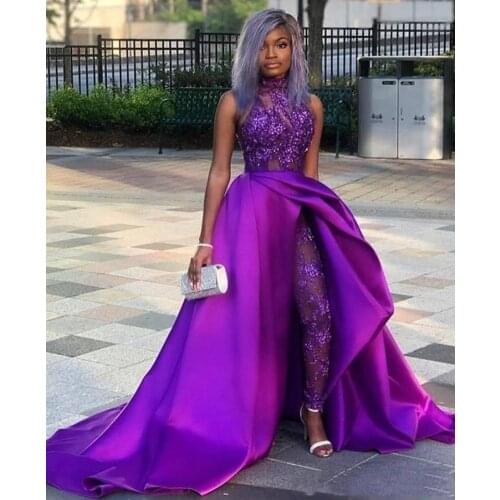 2021 Vestidos Prom Dresses With Detachable Train High Neck Lace Appliqued Bead Evening Gowns Luxury African Party Dresses