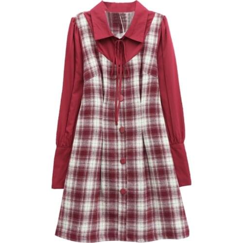 PERHAPS U Women French Retro Red Dress Plaid Patchwork Single-breasted Turn Down Collar Bow Long Sleeve Mini Dress Spring D2417