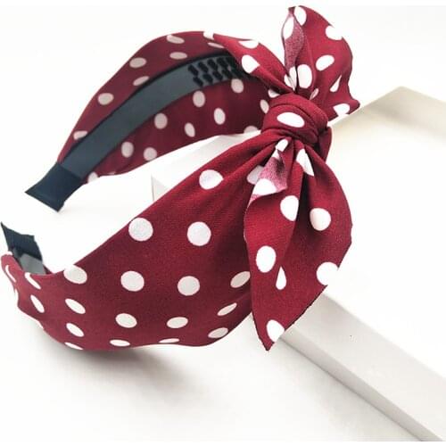 Wine Red Dots Print Bow Headband Women Retro Tilted Bowknot Hairband Adults Hair Accessories Girls Rabbit Ear Hairband Toothed