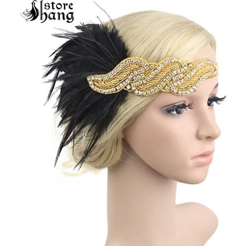 1920s Feather Flapper Headband Roaring 20s Great Gatsby Headpiece Flapper Shiny Ribbon Gatsby Hairband Bridal Hair Accessories