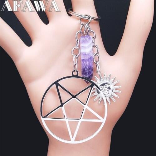 Satan Pentagram Stainless Steel Purple Crystal Hexagonal Column Quartz Key Chain Jewelry porte clef femme bijou N4238S02