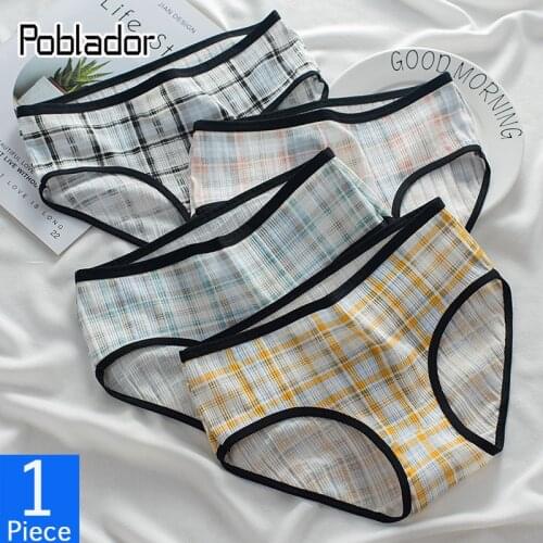 Poblador New Cute Plaid Womens Cotton Sport Panties Underwear Seamless Briefs Mid Waist Female Comfort breathable Lady Lingerie
