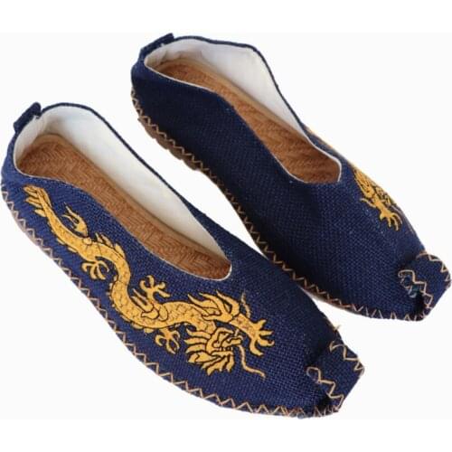 Asian Ethnic pure hemp shallow mouth Shoes curly head dragon embroidery slacker shoes men China Japan Thailand Vietnam shoes