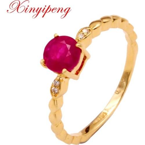 Xin yi peng 18 k yello gold inlaid natural round ruby ring 5.5*5.5 mm women ring simple and easy for birthday, anniversarie gift