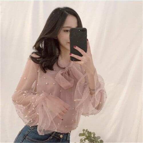 Blouse 2019 Summer Spring Women Chiffon Shirt Gauze Bow Beading Female Blouses Tops Office Shirts Blusa Pink White