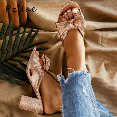 Pzilae 2020 summer women sandals sweet bowtie gold slipper women shoes mules slides female peep toe block heel slippers size 42