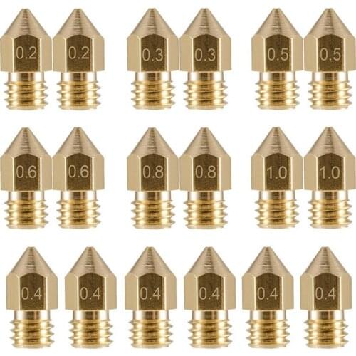 18 Pcs 3D Printer Nozzles M6 Extruder Brass Nozzle Print Head (2x0.2mm+2x0.3mm+6x0.4mm+2x0.5mm+2x0.6mm+2x0.8mm+2x1.0mm) for MK8