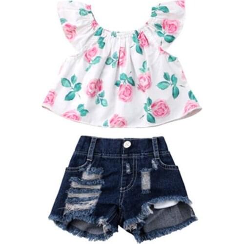Summer 2PCS Toddler Kids Baby Girl Clothes Off Shoulder Flower Tops Ripped Shorts Outfits Toddler Girl Clothes Cotton