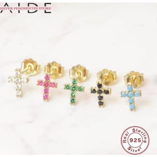 AIDE Luxury 925 Sterling Silver Stud Earring For Woman Girls Colorful Cross Earrings Gothic Punk Pendientes Brincos Jewelry