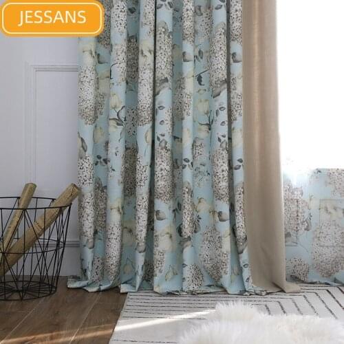 American Pastoral Cotton Hydrangea Linen Blackout Curtains for Living Room Bedroom Bay Window Finished Product Customization