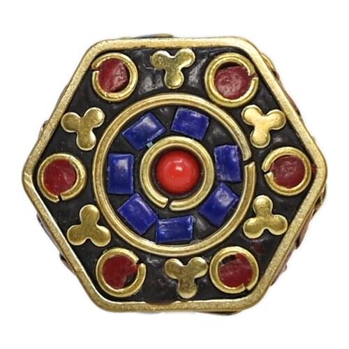 TZB02 Antique Nepal Handmade hexagon Brass With Synthetic Coral And Turkey stone Bracelet DIY Bead For Necklace Making