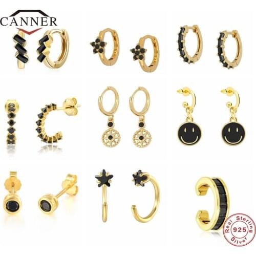 CANNER 925 Sterling Silver Huggie Piercing Earring Black Diamond CZ Zircon Small Ear Stud Earrings for Women Silver 925 Jewelry