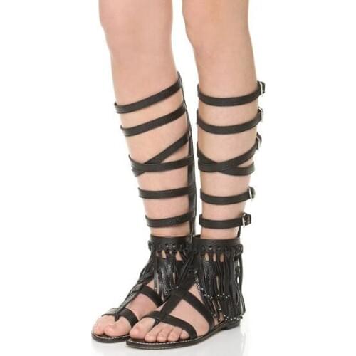Bohemia Style Women Knee High Boots Leather Buckles Ladies Fringe Flat Boots Zipper Back Female Gladiator Boots Summer Fashion