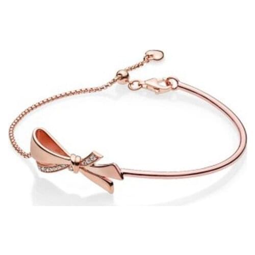 925 Sterling Silver pandora Bracelet Rose Brilliant Bow Ball Clasp Adjust Bangle Fit Women Bead Charm Diy Fashion Jewelry