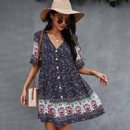 Floral Print Women Dresses Summer 2021 V Neck Short Sleeve Mini Dress for Women Bohemian Holiday Chic Dress Vestido De Mujer