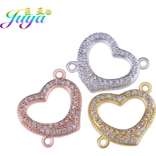 Juya DIY Jewelry Material Supplies Micro Pave Zircon Love Heart Charm Connectors Accessories For Women Bracelet Earrings Making