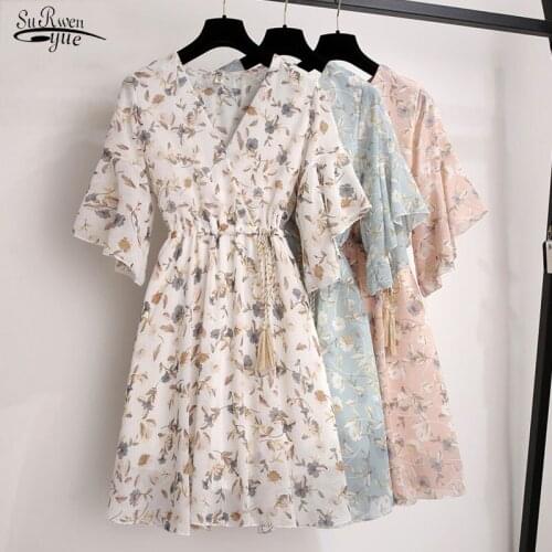 Summer Casual Summer Chiffon Dress Chic Butterfly Sleeve V-neck Empire Knee-length Floral Tassel Elegant Party New Women Dress