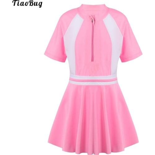 TiaoBug Summer Children Girls Swimsuit Bathing Suit Beachwear Basic Short Sleeve Leotard Bodysuit With Skirt