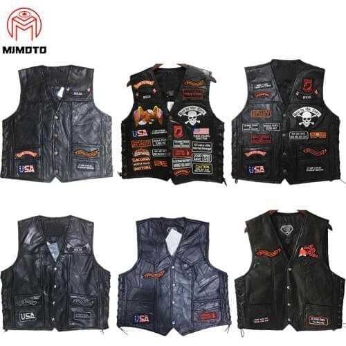 Retro Black Leather Motorcycle Vest For Men Genuine Leather Punk Biker Vest Lace Button Autumn Sleeveless Jacket Riding Coat 3XL
