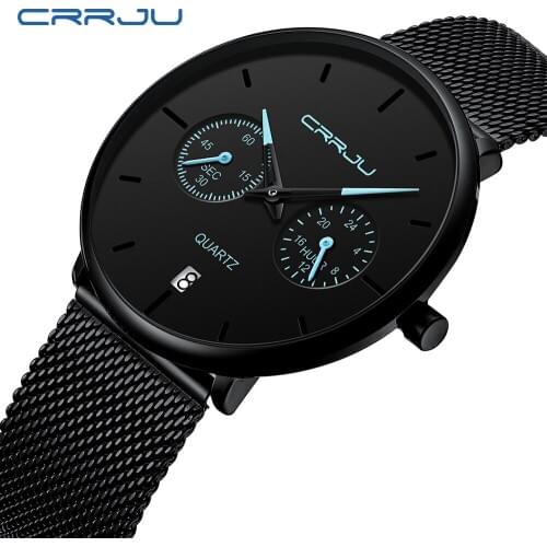 Mens Watches CRRJU Top Brand Luxury Blue Waterproof Watches Ultra Thin Date Simple Casual Fashion Quartz Watch Men Sports Clock