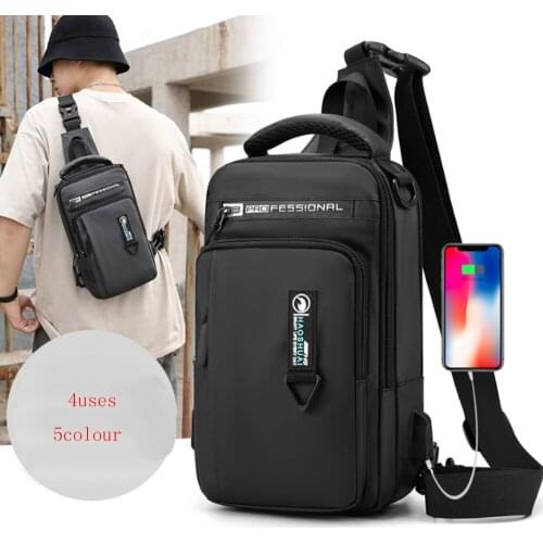 Men Nylon Chest Bag 4 Uses Backpack Rucksack Cross Body Shoulder Bag with USB Charging Port Male Messenger Daypack Knapsack