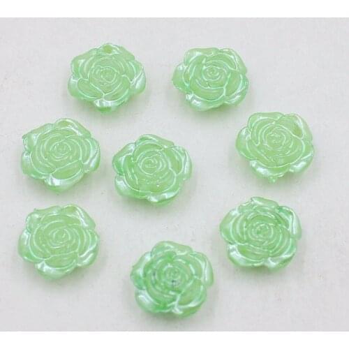 New Fashion 50Pcs 12mm Light Green Craft ABS Rose Flower Imitation Pearls Flatback Pearls Resin Scrapbook Beads Decorate Diy