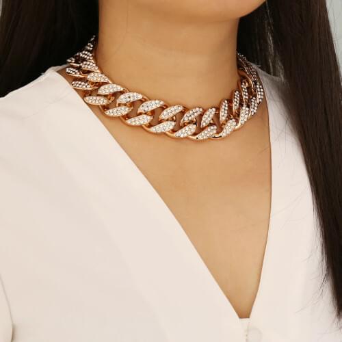 New Fashion Luxury Cuban Link Chains Necklaces for Women Men Gold Color Bling Rhinestone Necklace Jewelry