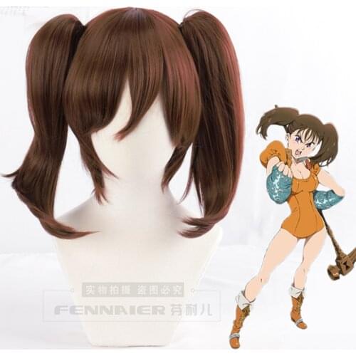 The Seven Deadly Sins Diane Cosplay Wig Brown Double Clip Ponytails Heat Resistant Synthetic Hair Wigs + Free Wig Cap