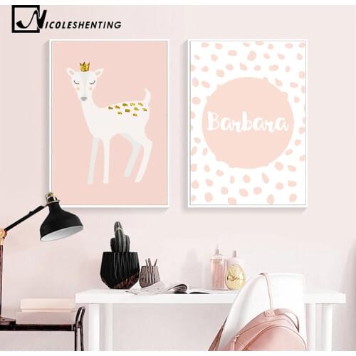 Custom Name Poster Baby Girl Nursery Wall Art Canvas Painting Cartoon Deer Print Nordic Kids Decoration Picture Bedroom Decor