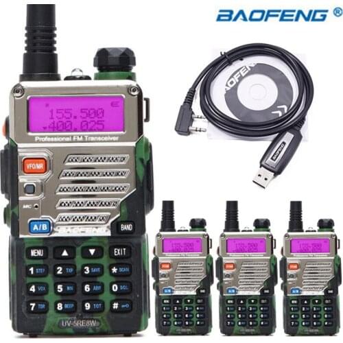 4PCS BaoFeng UV-5RE 8W Camo Walkie Talkie Dual Band UV 5RE Two way Radio VOX Flashlight Handheld 10km With USB Programming Cable