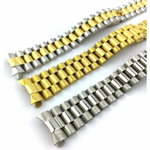 20mm Gold Middle Gold Silver Watch Band Strap Solid Stainless Steel Curved End President Style Bracelet Strap Belt Wristband New