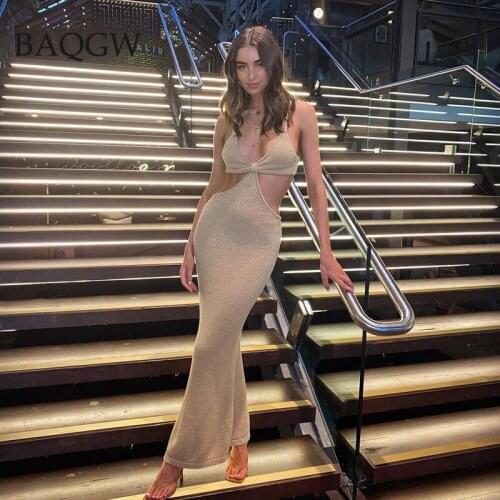 BaQGW Sexy Solid Spaghetti Strap Maxi Dress Women V-neck Hollow Out Bodycon Dresses Partywear 2021 Spring Backless Vestido Hot