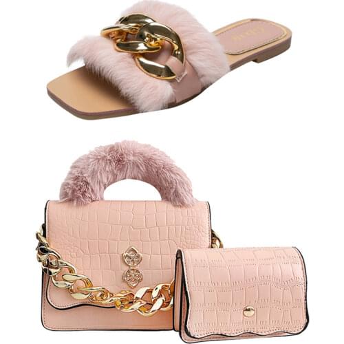 Women Faux Fur Slides Fashion Woman Big Chain Metal Furry Slippers Ladies Fuzzy Shoes Indoor Casual Sandals Beach Flip Flops
