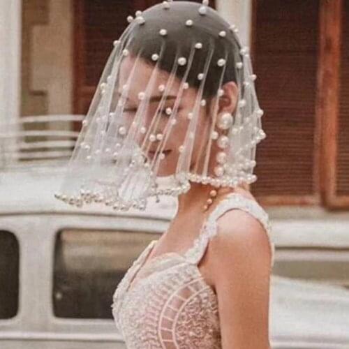 Wedding Veil White Bride Short Pearls Bridal Tulle Beaded Hair Face Veil Cover Face Romantic Handmade Pearls Wedding Soft Veils