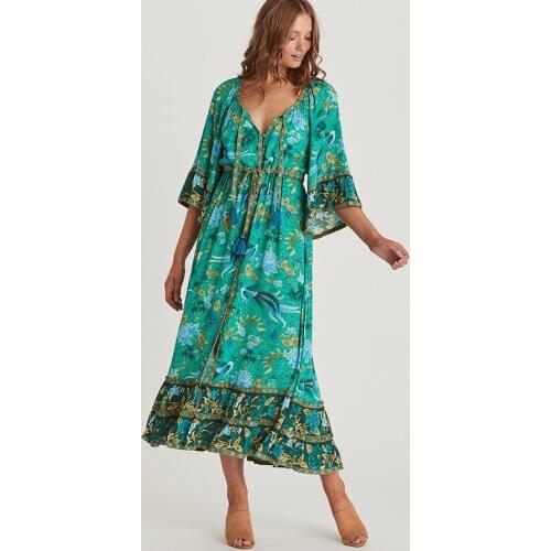 TEELYNN maxi women dresses Malachite green rayon ILONA Forest floral print summer Dresses Drawstring waist BOHO Dresses vestidos
